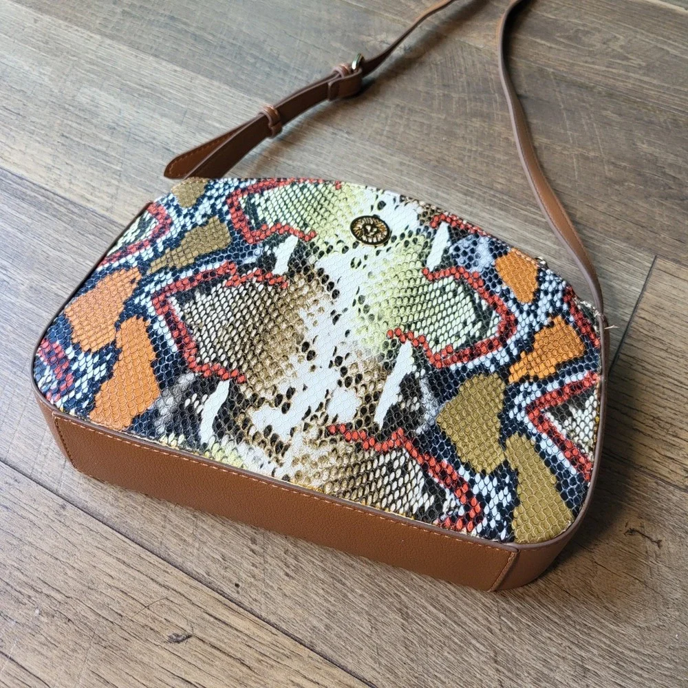 Anne Klein Multi Color Snakeskin Crossbody Bag Triple Compartment Brown Strap